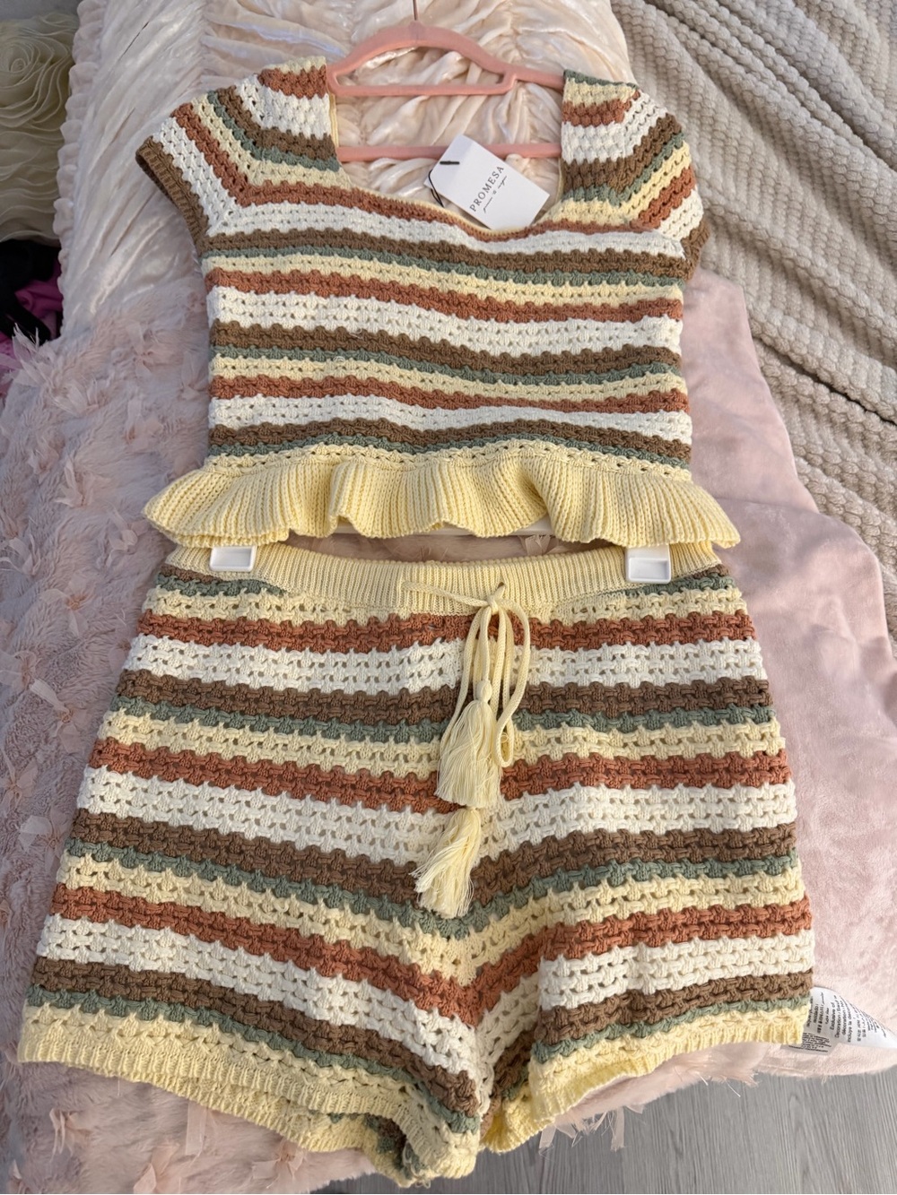 Promesa Crochet Stripe Ruffle-Hem Shorts Set - Yellow, Brown, Cream, Green